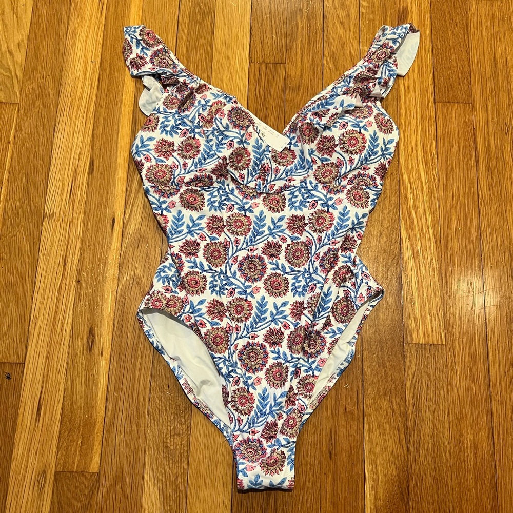 NWT J Crew Factory Floral Ruffle Shoulder V Neck One Piece Swimsuit Sz 12